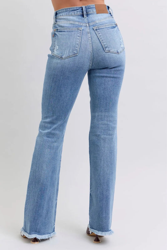 Judy Blue Full Size Raw Hem High Rise Bootcut Jeans - Velora Luxury Fashion