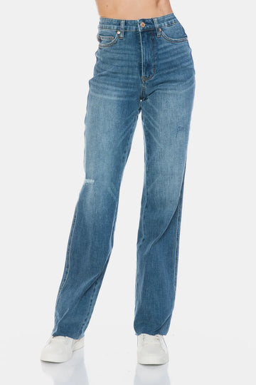 Judy Blue Full Size Tummy Control Cut Raw Hem Straight Jeans - Velora Luxury Fashion