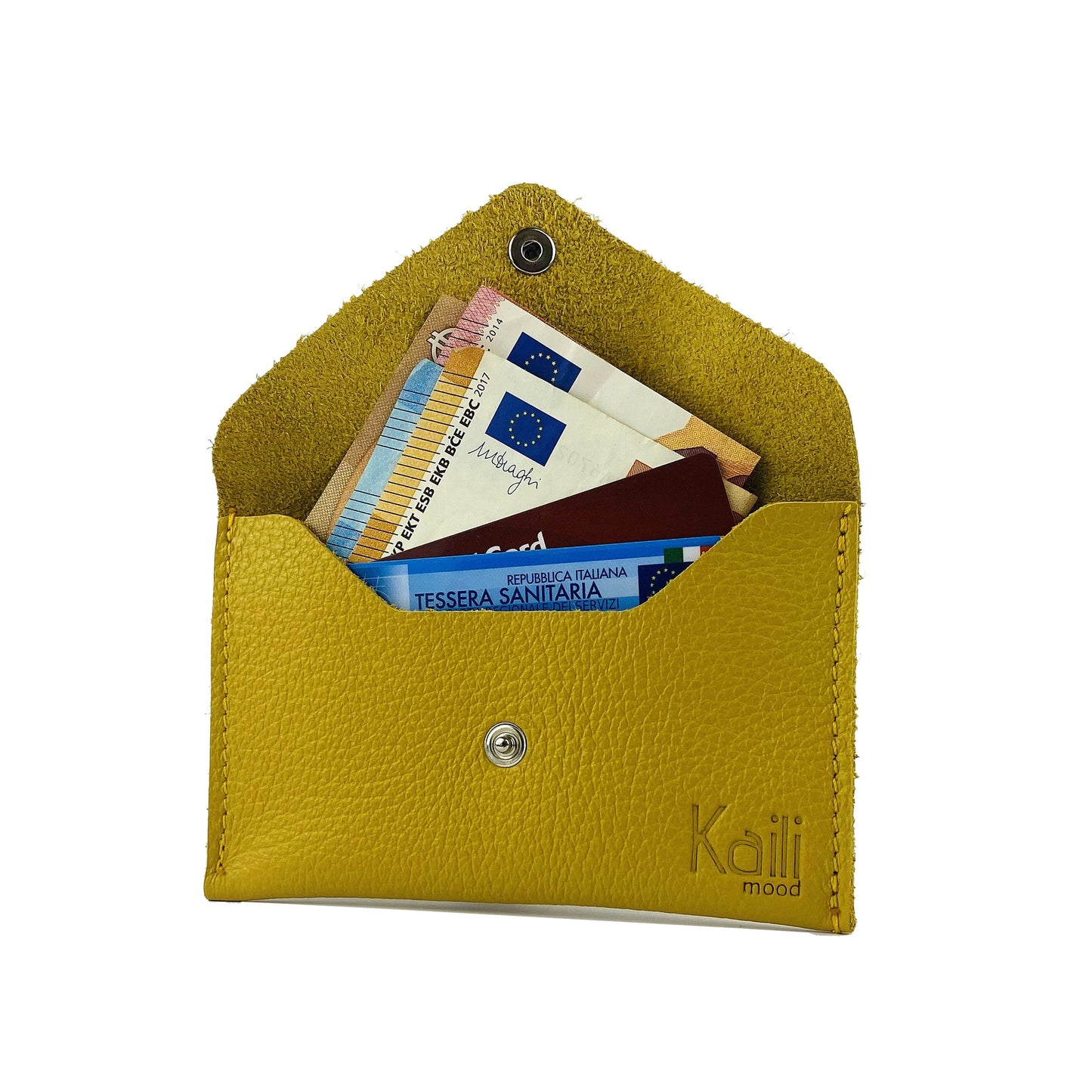 K0040RB | Bustina con pattina Made in Italy in Vera Pelle pieno fiore, grana dollaro - Colore Giallo - Dimensioni: cm 13 x 8 x 0,5 - Confezione: Gift Box rigido fondo/coperchio - Velora Luxury Fashion