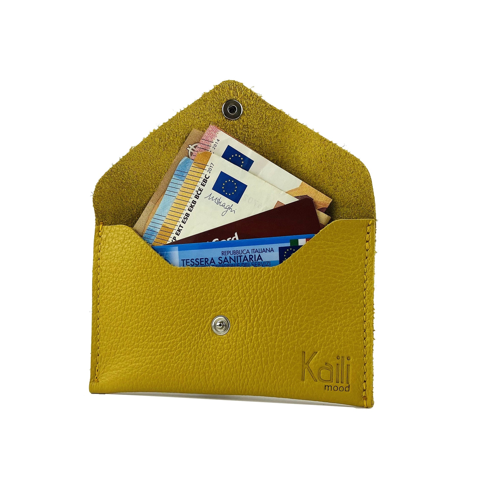 K0040RB | Bustina con pattina Made in Italy in Vera Pelle pieno fiore, grana dollaro - Colore Giallo - Dimensioni: cm 13 x 8 x 0,5 - Confezione: Gift Box rigido fondo/coperchio - Velora Luxury Fashion