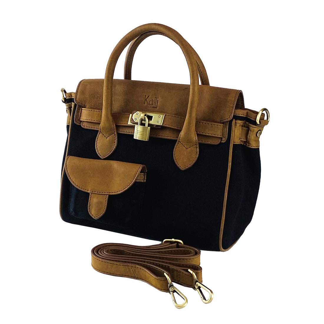 K0042ACB | Borsa a Mano Mini in Canvas/Vera Pelle Made in Italy. Tracolla removibile. Attacchi con moschettoni in metallo Ottone Anticato - Colore Nero - Dimensioni: cm 24 x 20 x 12 - Velora Luxury Fashion