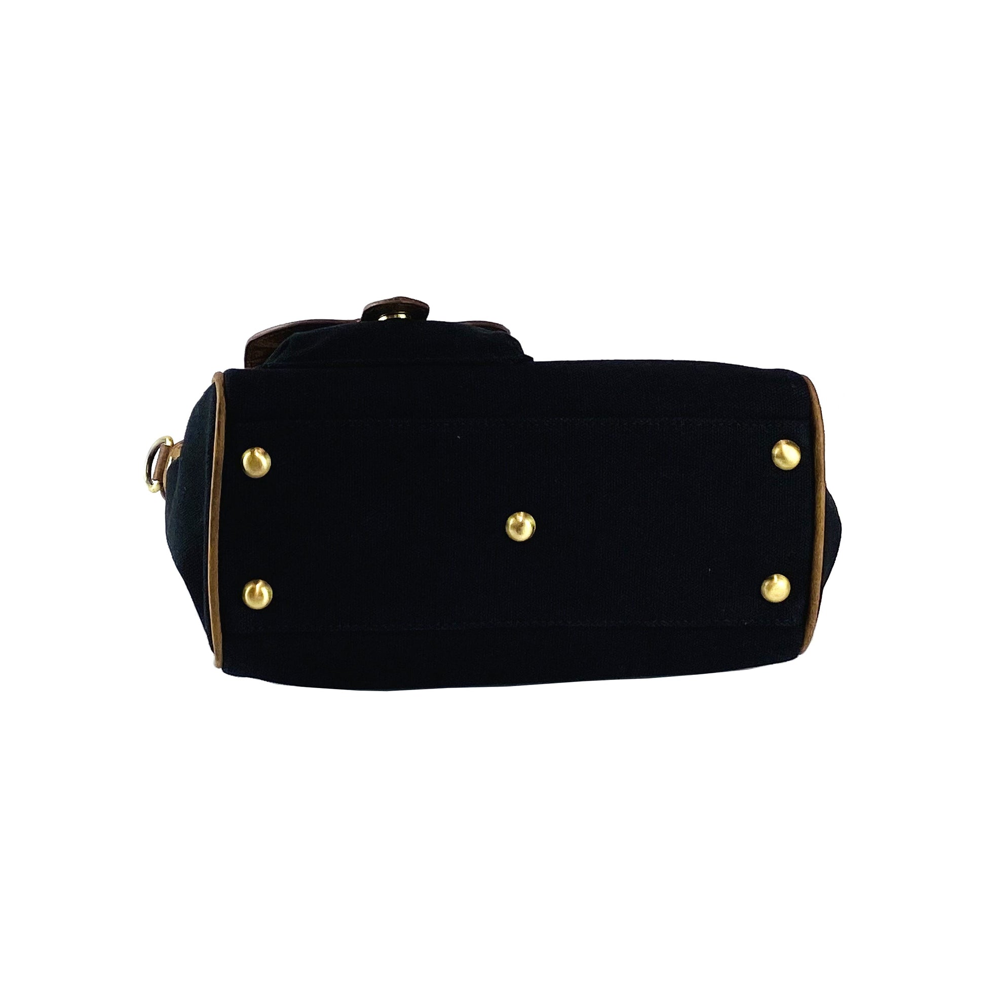 K0042ACB | Borsa a Mano Mini in Canvas/Vera Pelle Made in Italy. Tracolla removibile. Attacchi con moschettoni in metallo Ottone Anticato - Colore Nero - Dimensioni: cm 24 x 20 x 12 - Velora Luxury Fashion