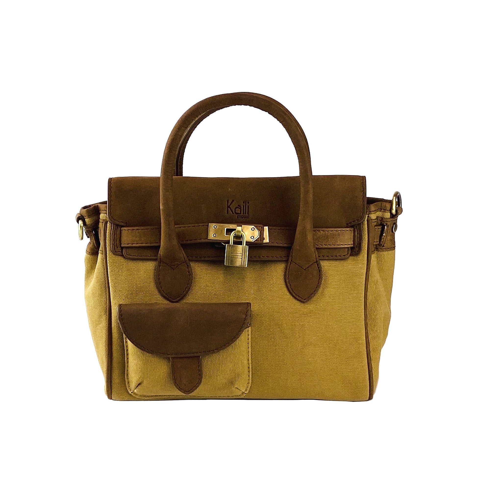 K0042BACB | Borsa a Mano Mini in Canvas/Vera Pelle Made in Italy. Tracolla removibile. Attacchi con moschettoni in metallo Ottone Anticato - Colore Nocciola - Dimensioni: cm 24 x 20 x 12 - Velora Luxury Fashion