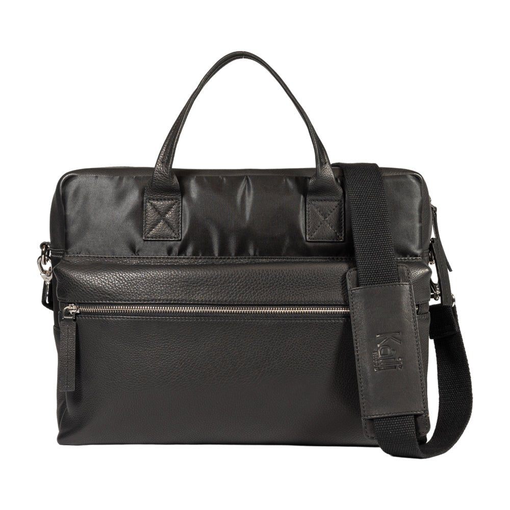 K0043AB | Briefcase in Nylon Waterproof/Vera Pelle pieno fiore con leggera grana - Colore Nero - Pochette interna - Accessori Silver lucido - Dimensioni cm 39 x 30 x 12 - Confezione: Sacchetto Tnt - Velora Luxury Fashion