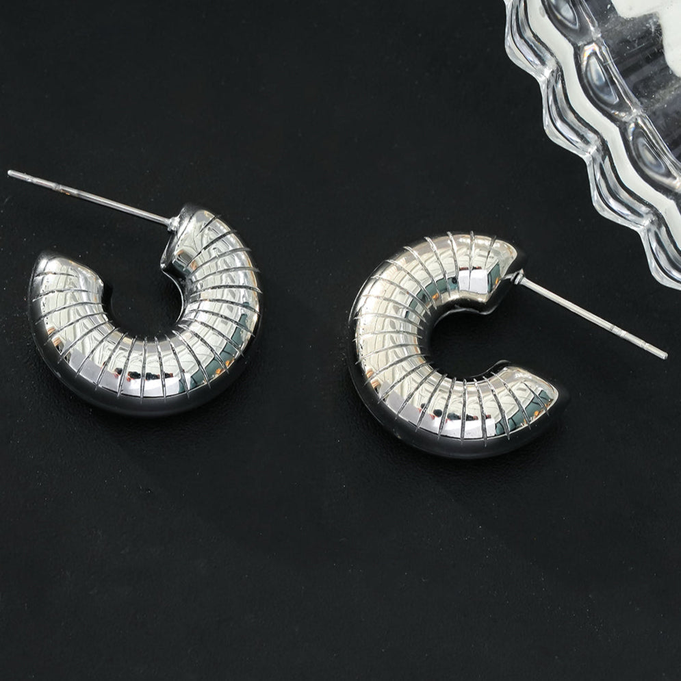 KOTOHIRA: Hollow Chunky-Look Textured Surface Tube Hoop Earrings in Silver Toned White Gold - Velora Luxury Fashion
