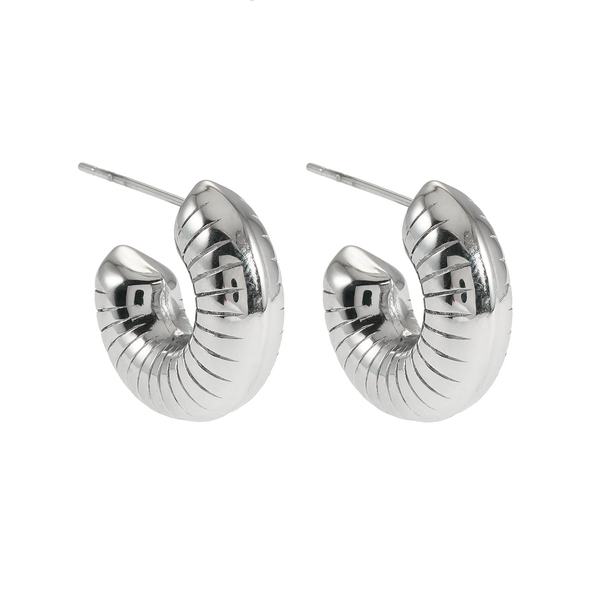 KOTOHIRA: Hollow Chunky-Look Textured Surface Tube Hoop Earrings in Silver Toned White Gold - Velora Luxury Fashion