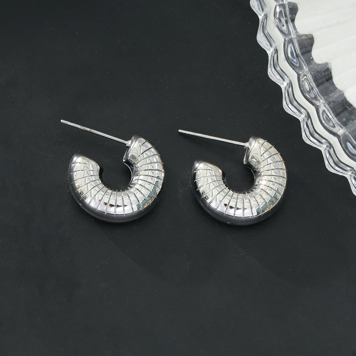 KOTOHIRA: Hollow Chunky-Look Textured Surface Tube Hoop Earrings in Silver Toned White Gold - Velora Luxury Fashion