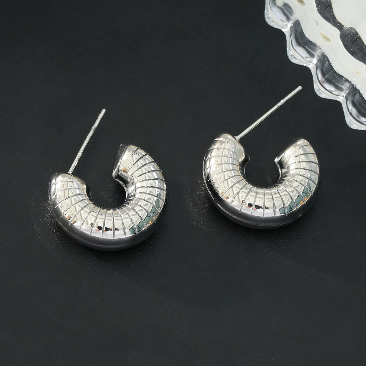 KOTOHIRA: Hollow Chunky-Look Textured Surface Tube Hoop Earrings in Silver Toned White Gold - Velora Luxury Fashion