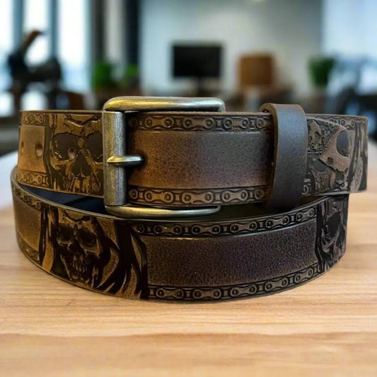Keldon Grain Leather Men's Skull Shain Design Removable Buckle Belt - Velora Luxury Fashion