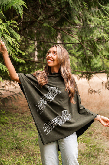 Forest Green Poncho with Jellyfish Print