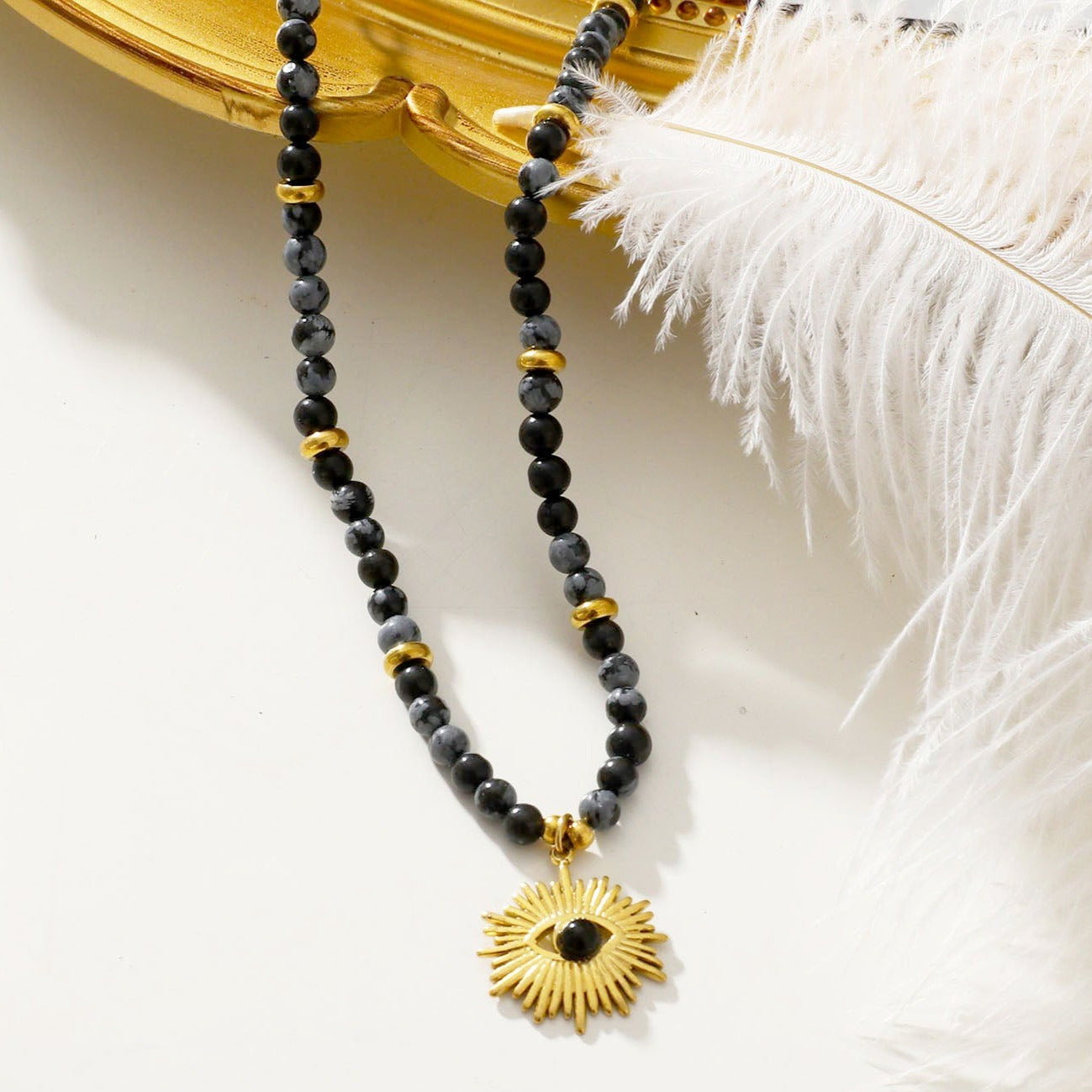 LILIANA Alabaster, Onyx & Gold Beaded Necklace with 'Evil Eye' Pendant - Velora Luxury Fashion