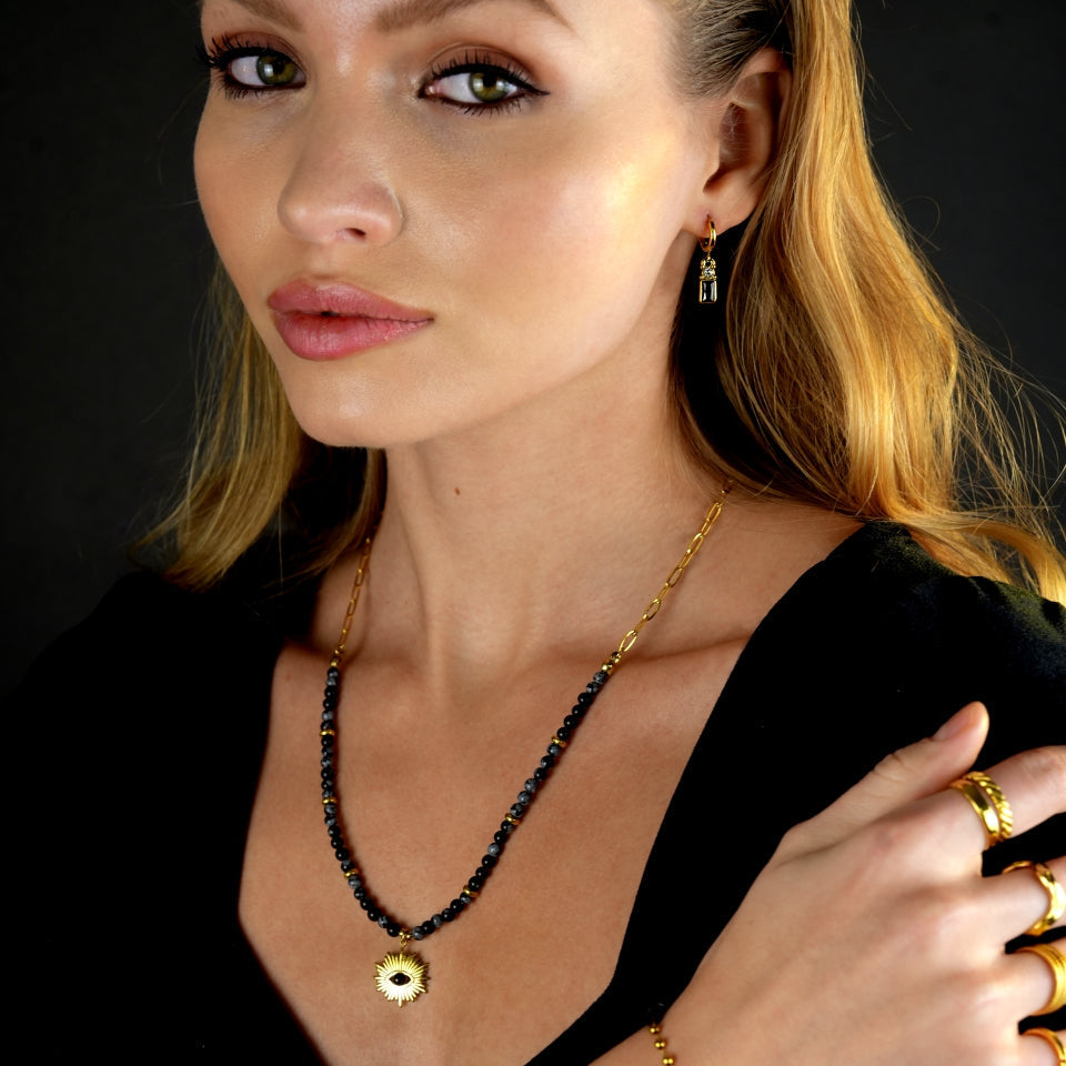 LILIANA Alabaster, Onyx & Gold Beaded Necklace with 'Evil Eye' Pendant - Velora Luxury Fashion