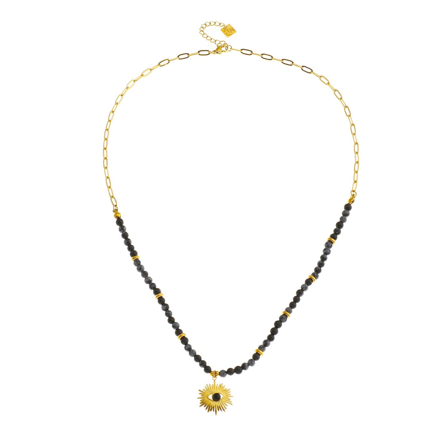 LILIANA Alabaster, Onyx & Gold Beaded Necklace with 'Evil Eye' Pendant - Velora Luxury Fashion