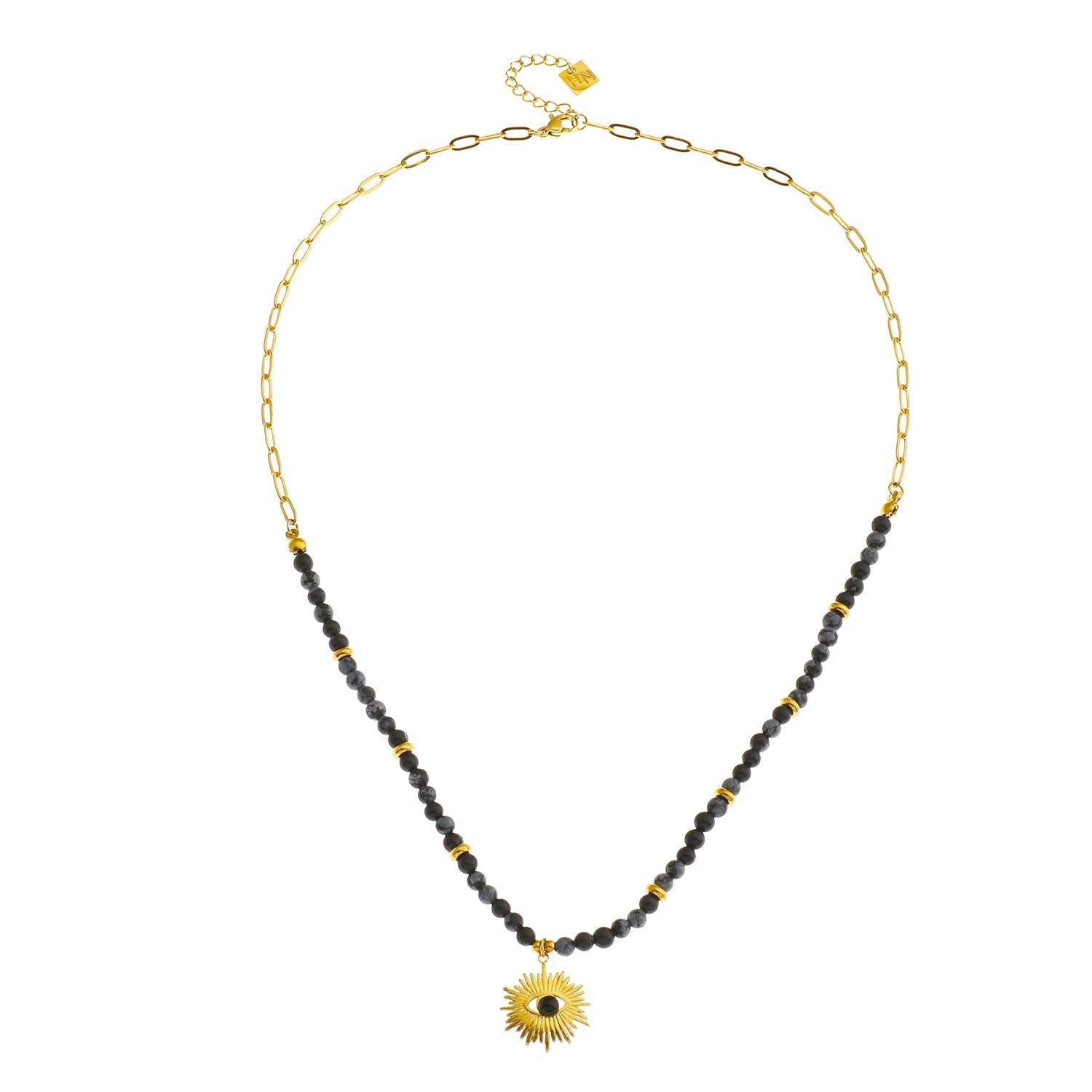 LILIANA Alabaster, Onyx & Gold Beaded Necklace with 'Evil Eye' Pendant - Velora Luxury Fashion
