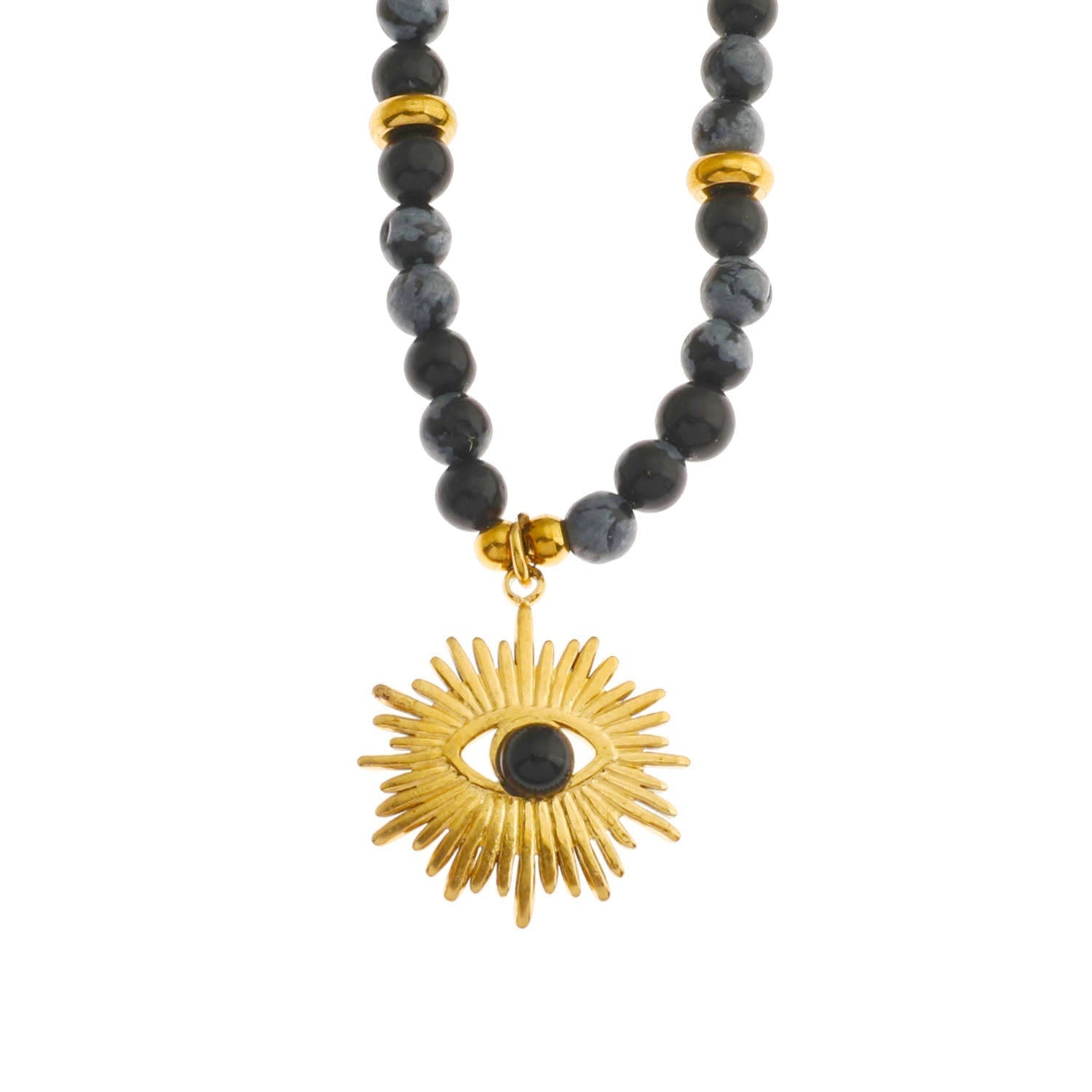 LILIANA Alabaster, Onyx & Gold Beaded Necklace with 'Evil Eye' Pendant - Velora Luxury Fashion