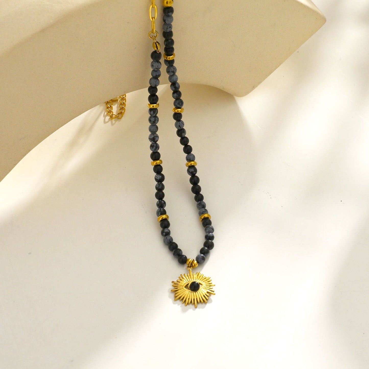 LILIANA Alabaster, Onyx & Gold Beaded Necklace with 'Evil Eye' Pendant - Velora Luxury Fashion