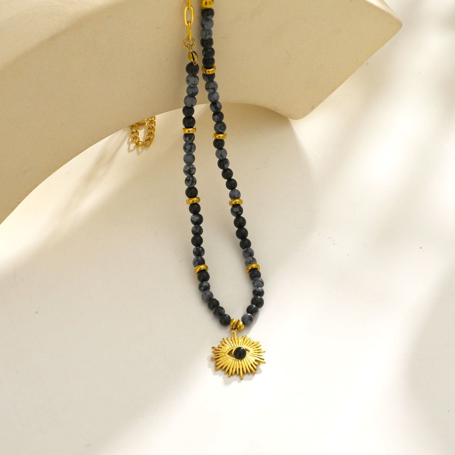 LILIANA Alabaster, Onyx & Gold Beaded Necklace with 'Evil Eye' Pendant - Velora Luxury Fashion