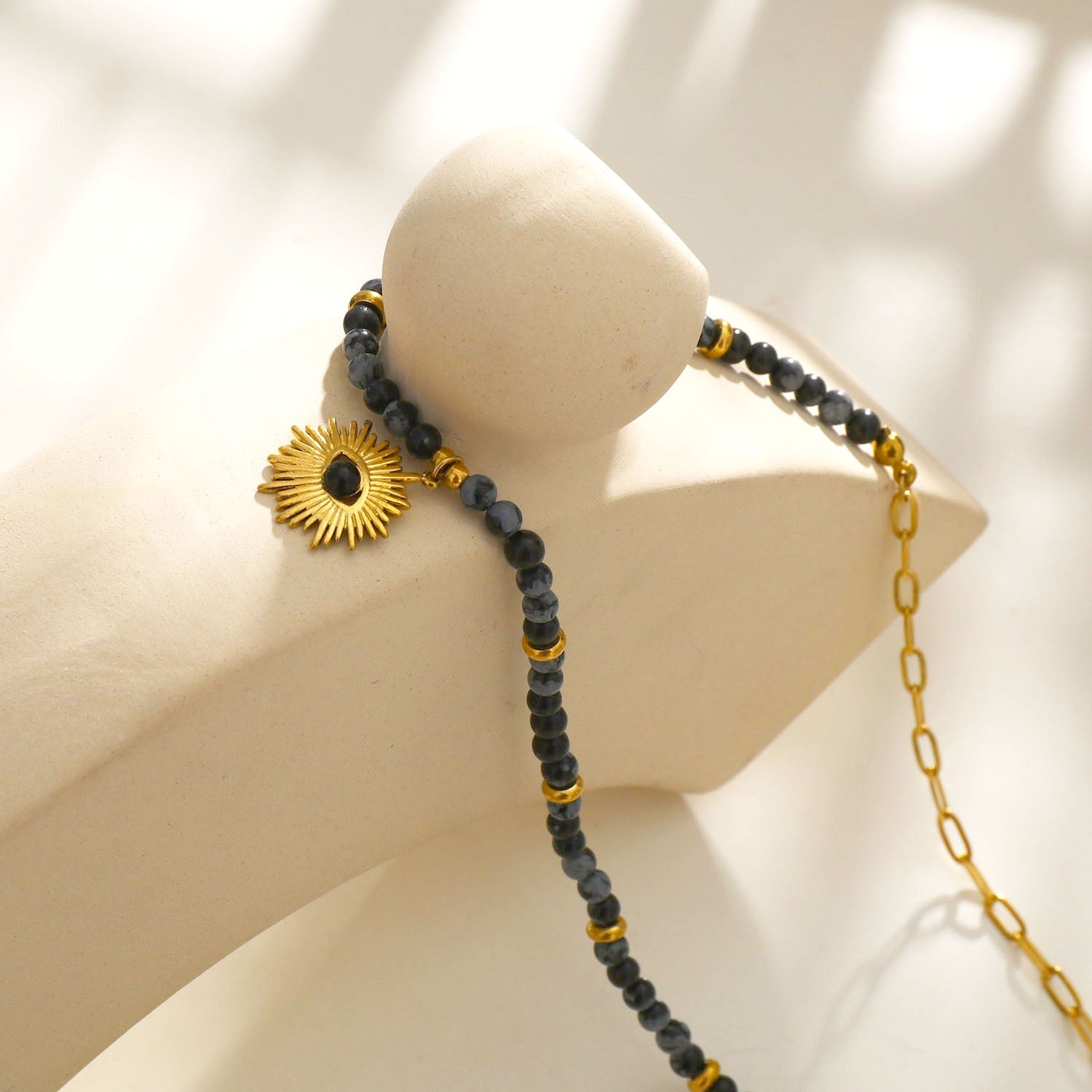 LILIANA Alabaster, Onyx & Gold Beaded Necklace with 'Evil Eye' Pendant - Velora Luxury Fashion