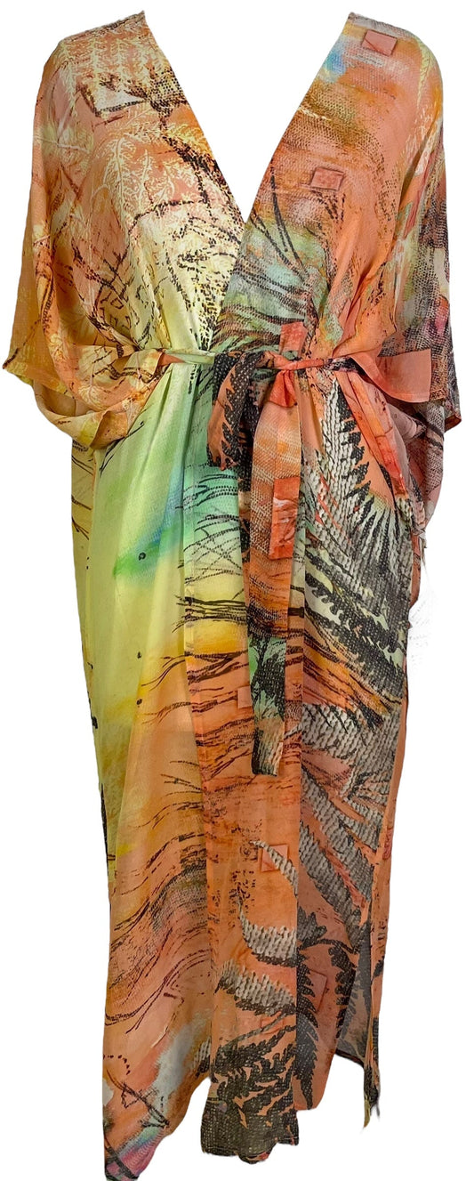 PRG6814 Sheer Avatar Long Pure Silk Kimono Sleeved Duster with Belt - Velora
