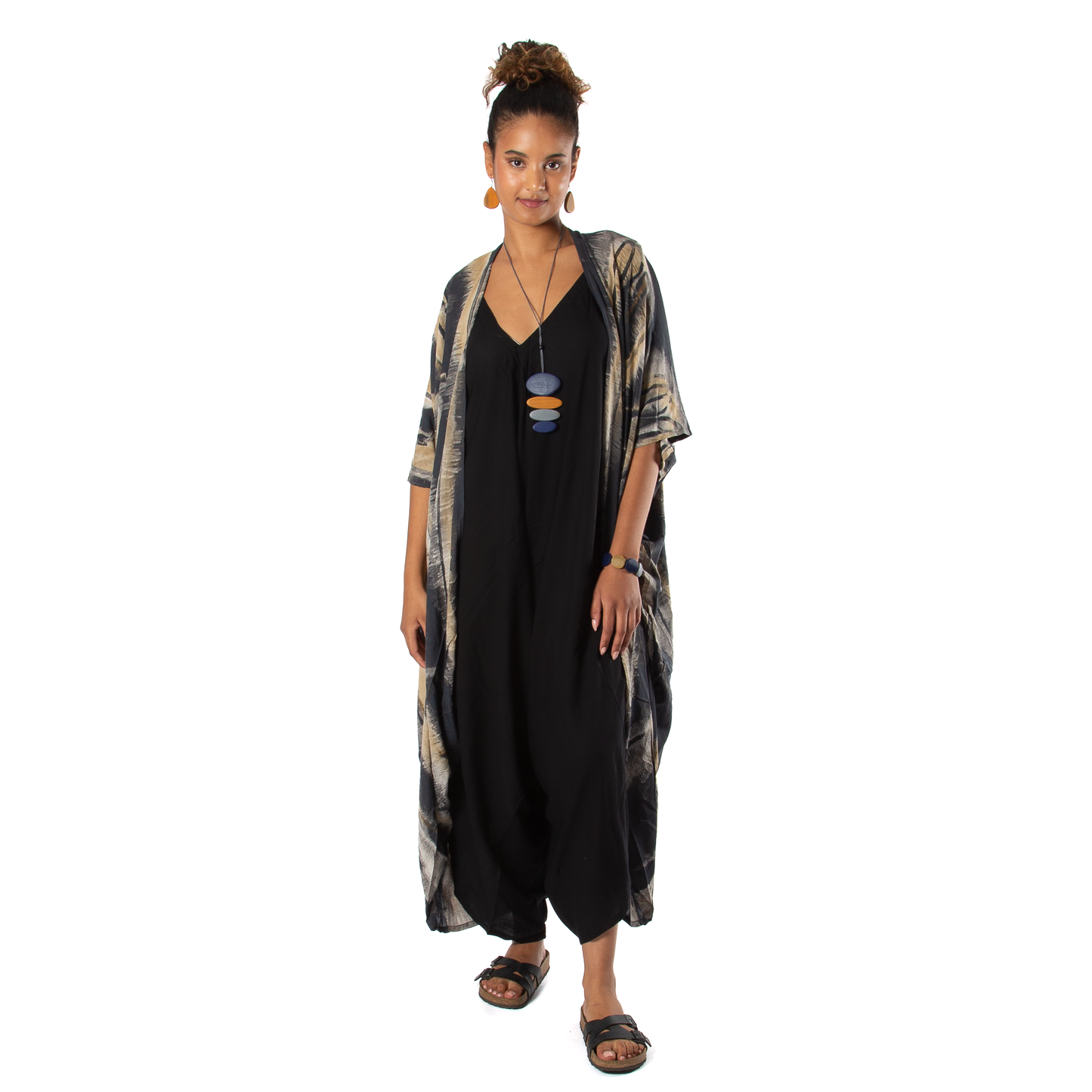 Abstract Tie Dye Long Kimono - Grey & Gold