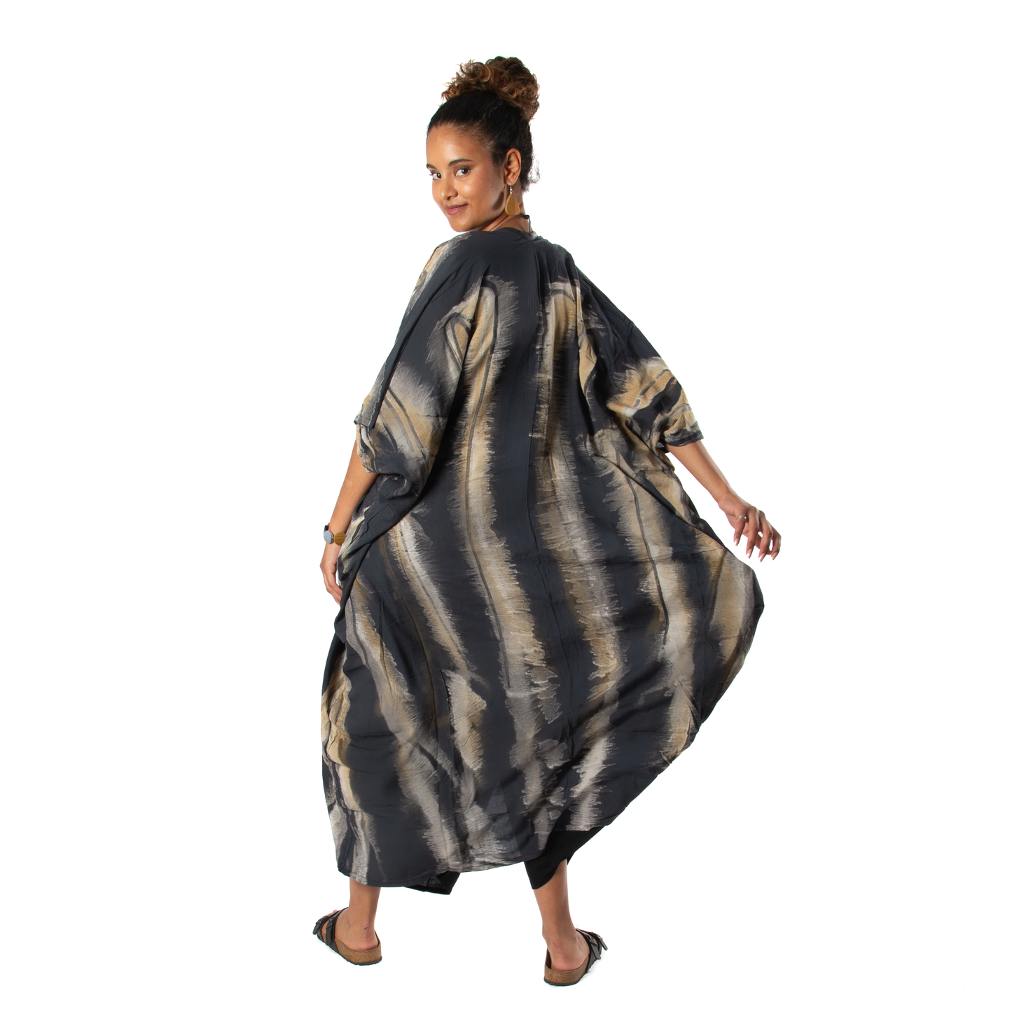 Abstract Tie Dye Long Kimono - Grey & Gold