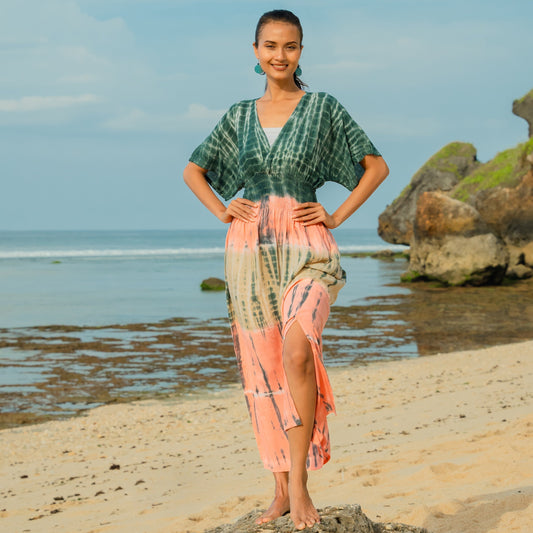 Tie Dye Stripe Maxi Dress - Pink & Grey