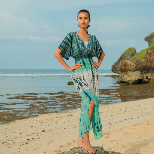 Tie Dye Stripe Maxi Dress - Turquoise & Grey