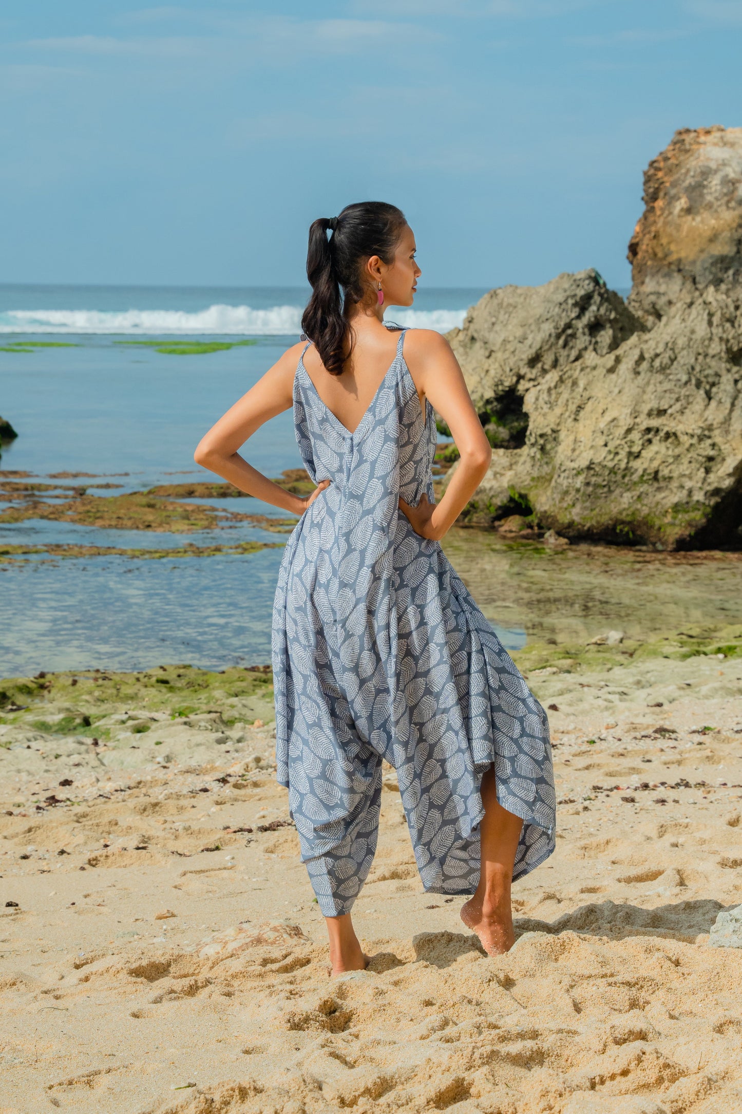 Leaf Print Romper - Grey & White