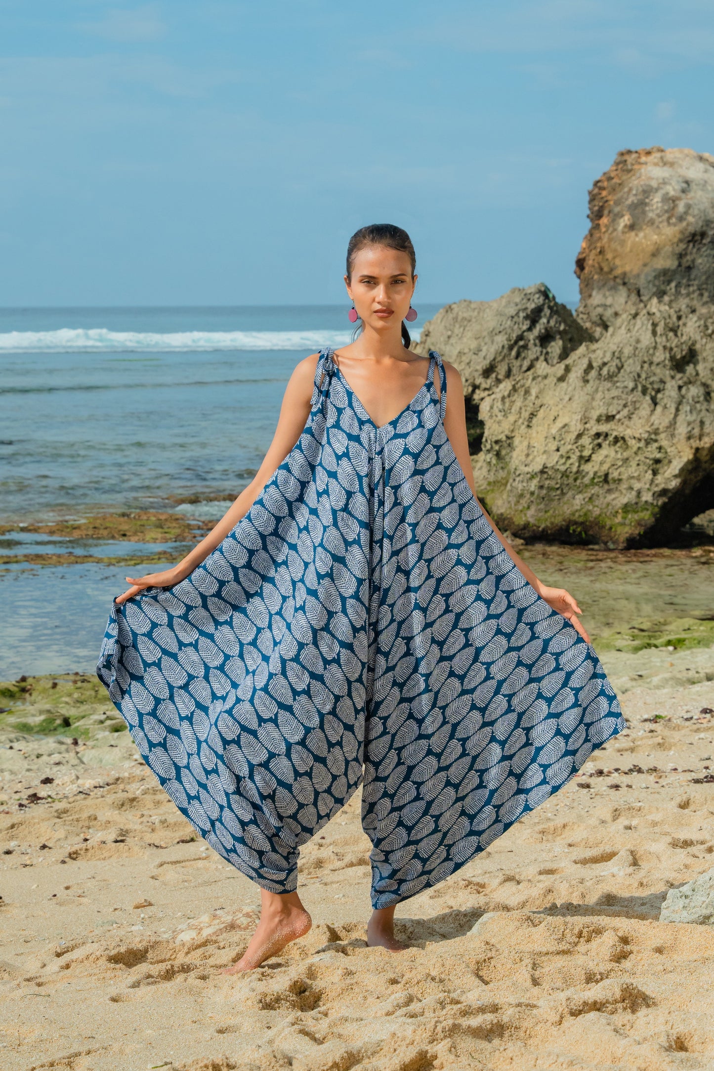 Leaf Print Romper - Navy & White