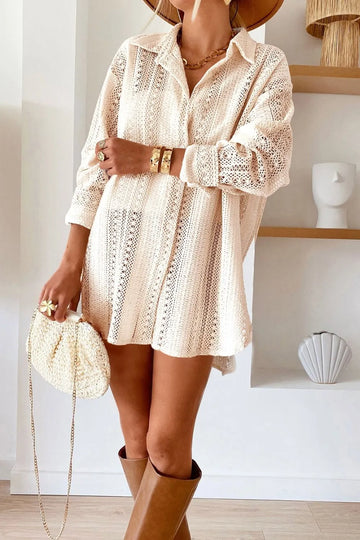 Lace Crochet Collared Neck Oversized Shirt - Velora Luxury Fashion