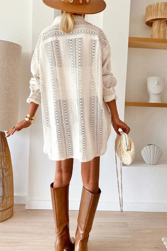 Lace Crochet Collared Neck Oversized Shirt - Velora Luxury Fashion