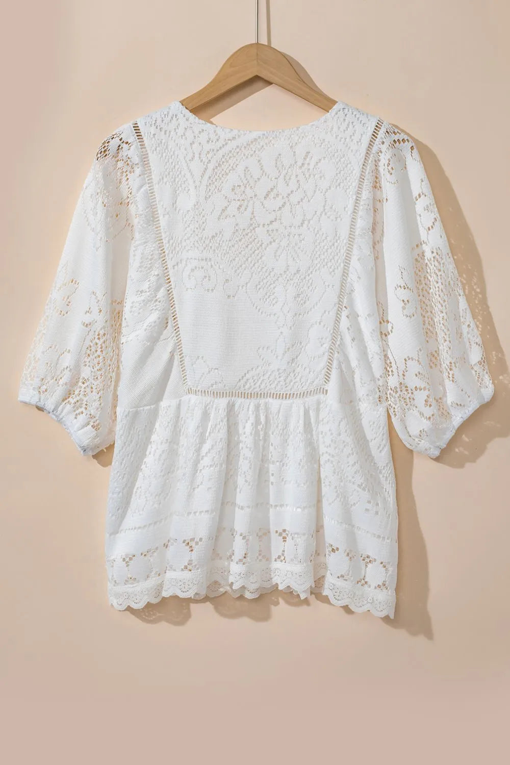 Lace Crochet Hollowed Scallop Hem V Neck Blouse - Velora Luxury Fashion