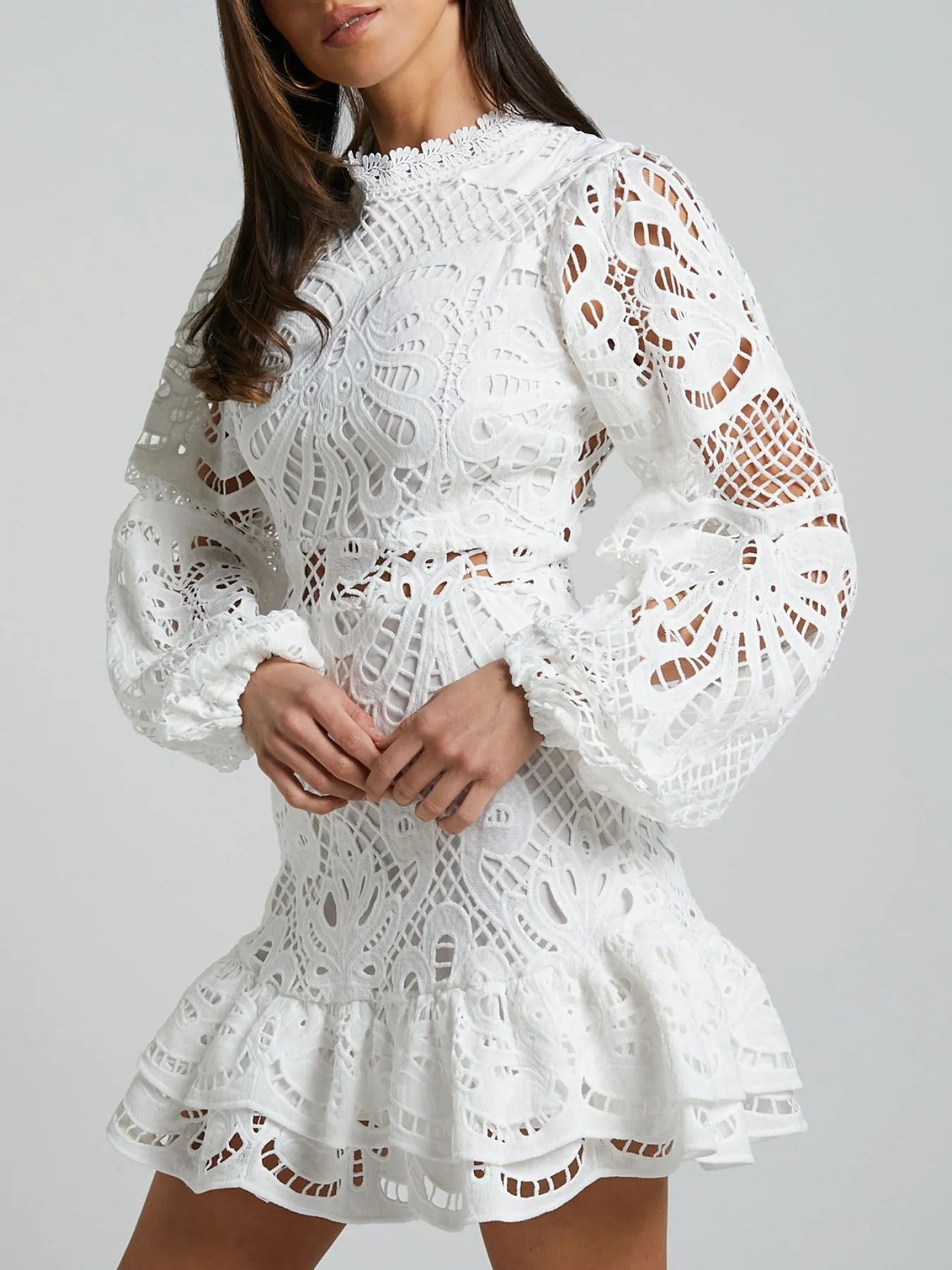 Lace Crochet Long Sleeve Mini Dress - Velora Luxury Fashion