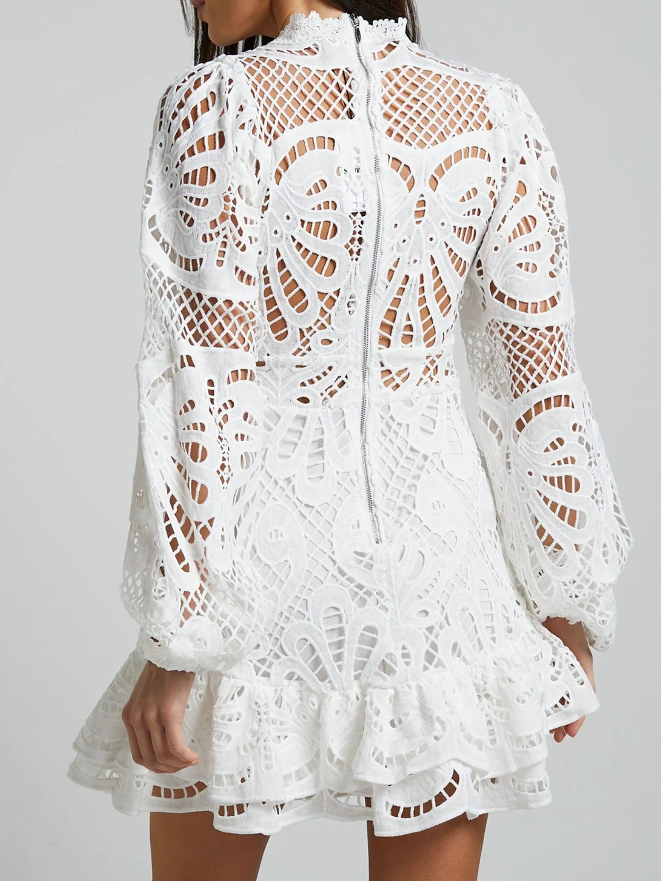 Lace Crochet Long Sleeve Mini Dress - Velora Luxury Fashion