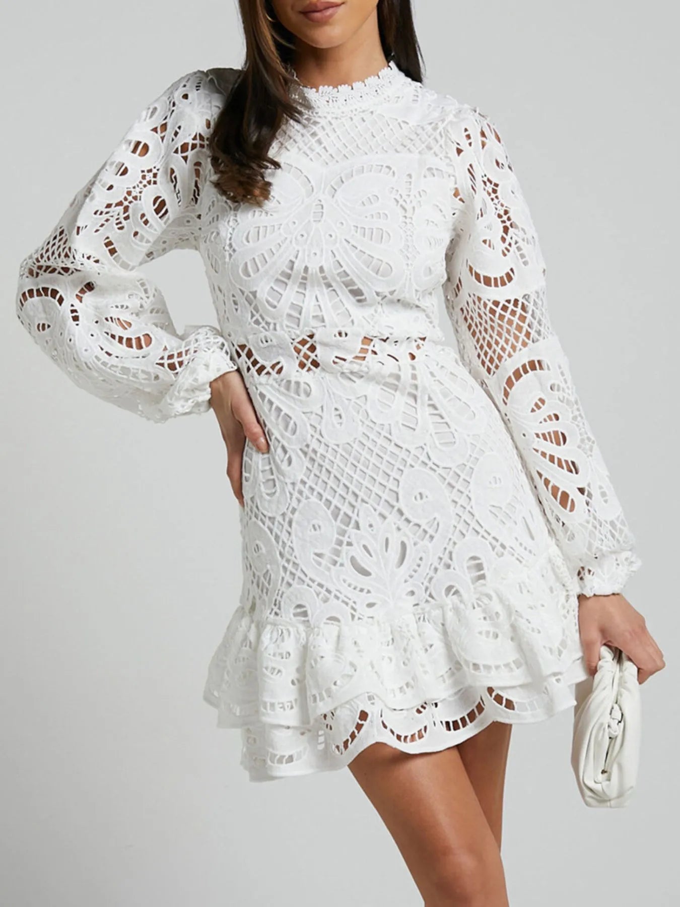 Lace Crochet Long Sleeve Mini Dress - Velora Luxury Fashion