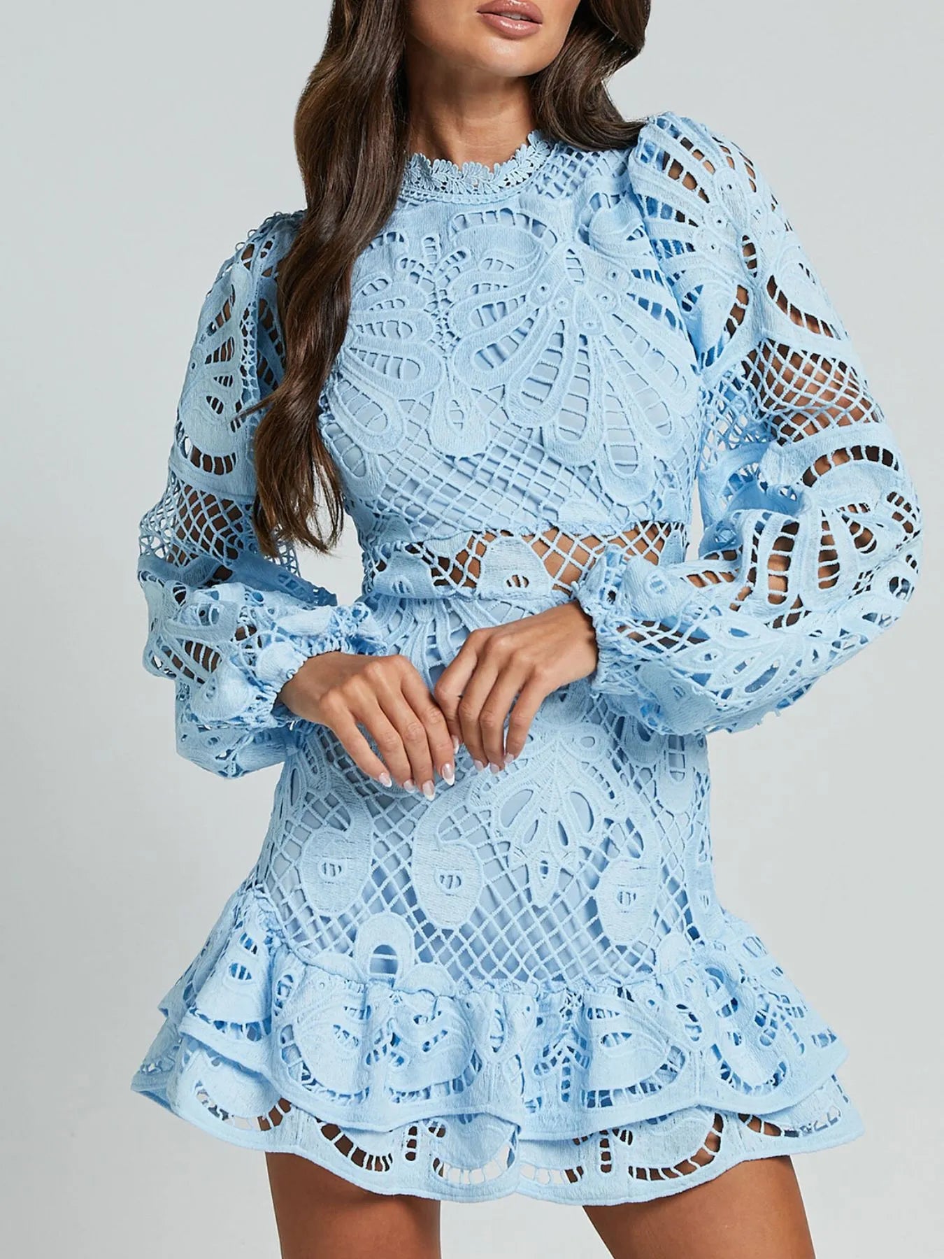 Lace Crochet Long Sleeve Mini Dress - Velora Luxury Fashion