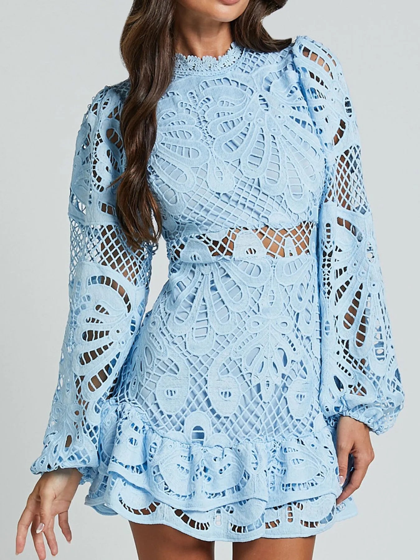 Lace Crochet Long Sleeve Mini Dress - Velora Luxury Fashion