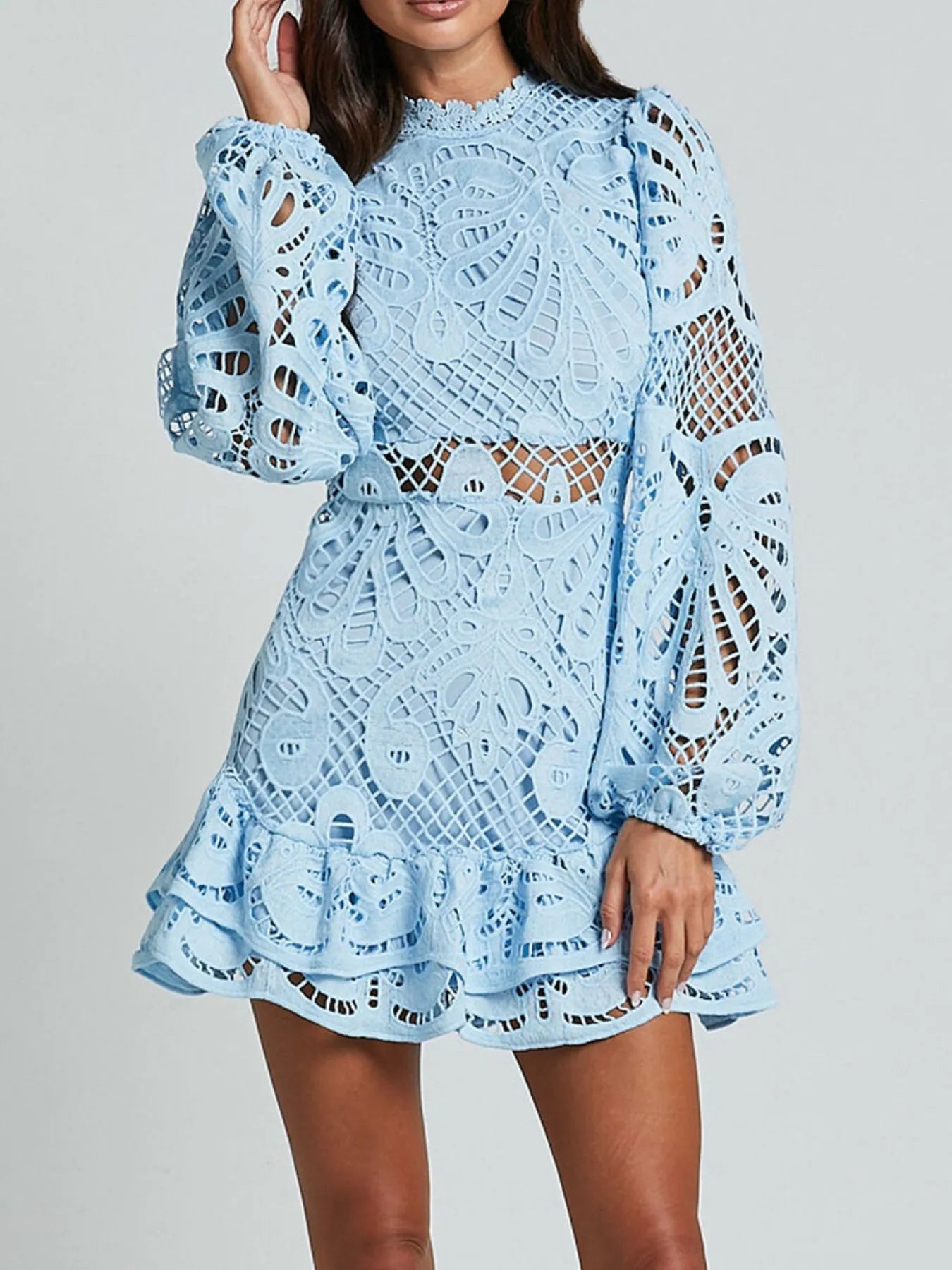 Lace Crochet Long Sleeve Mini Dress - Velora Luxury Fashion