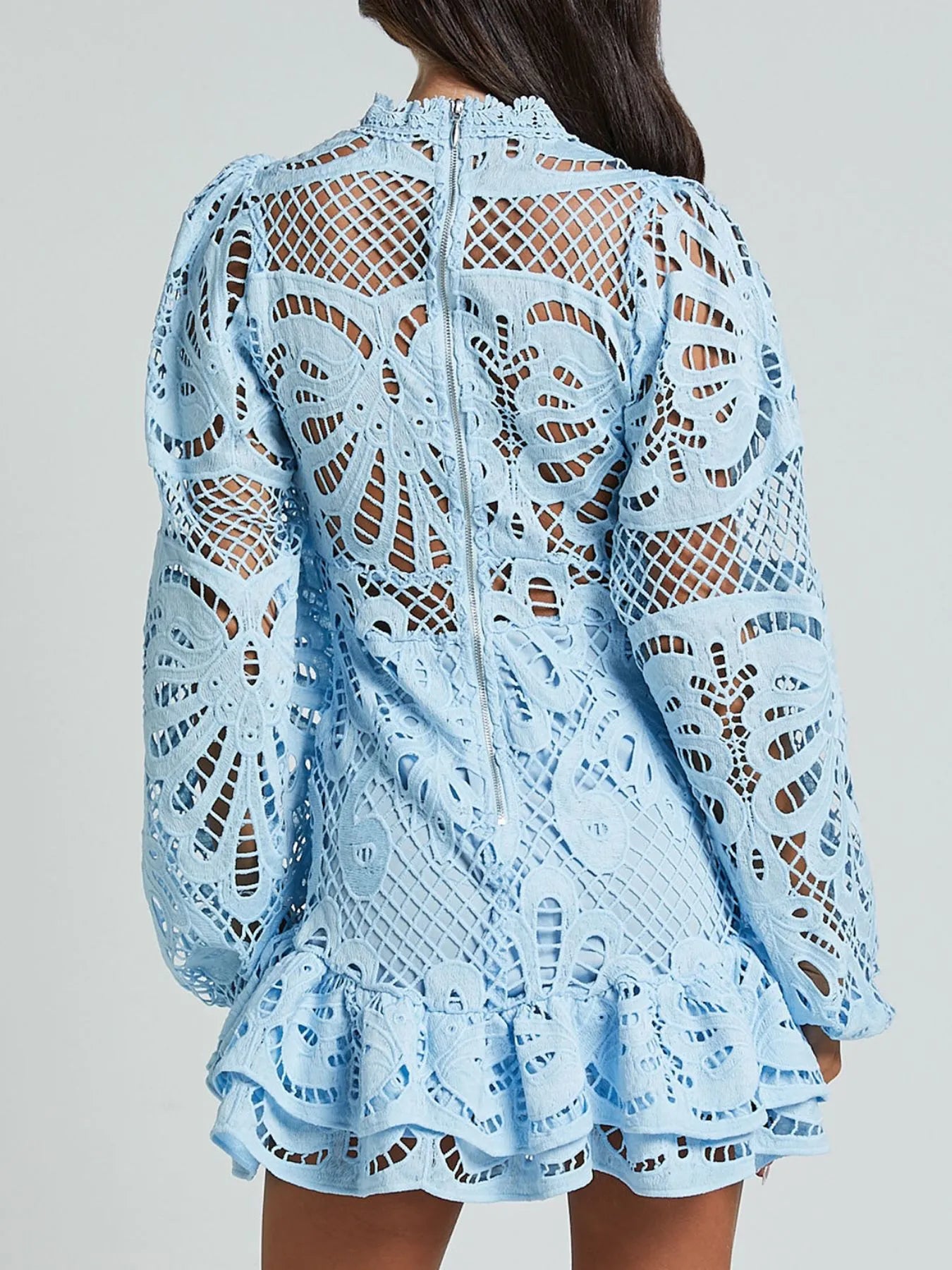 Lace Crochet Long Sleeve Mini Dress - Velora Luxury Fashion
