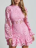 Lace Crochet Long Sleeve Mini Dress - Velora Luxury Fashion
