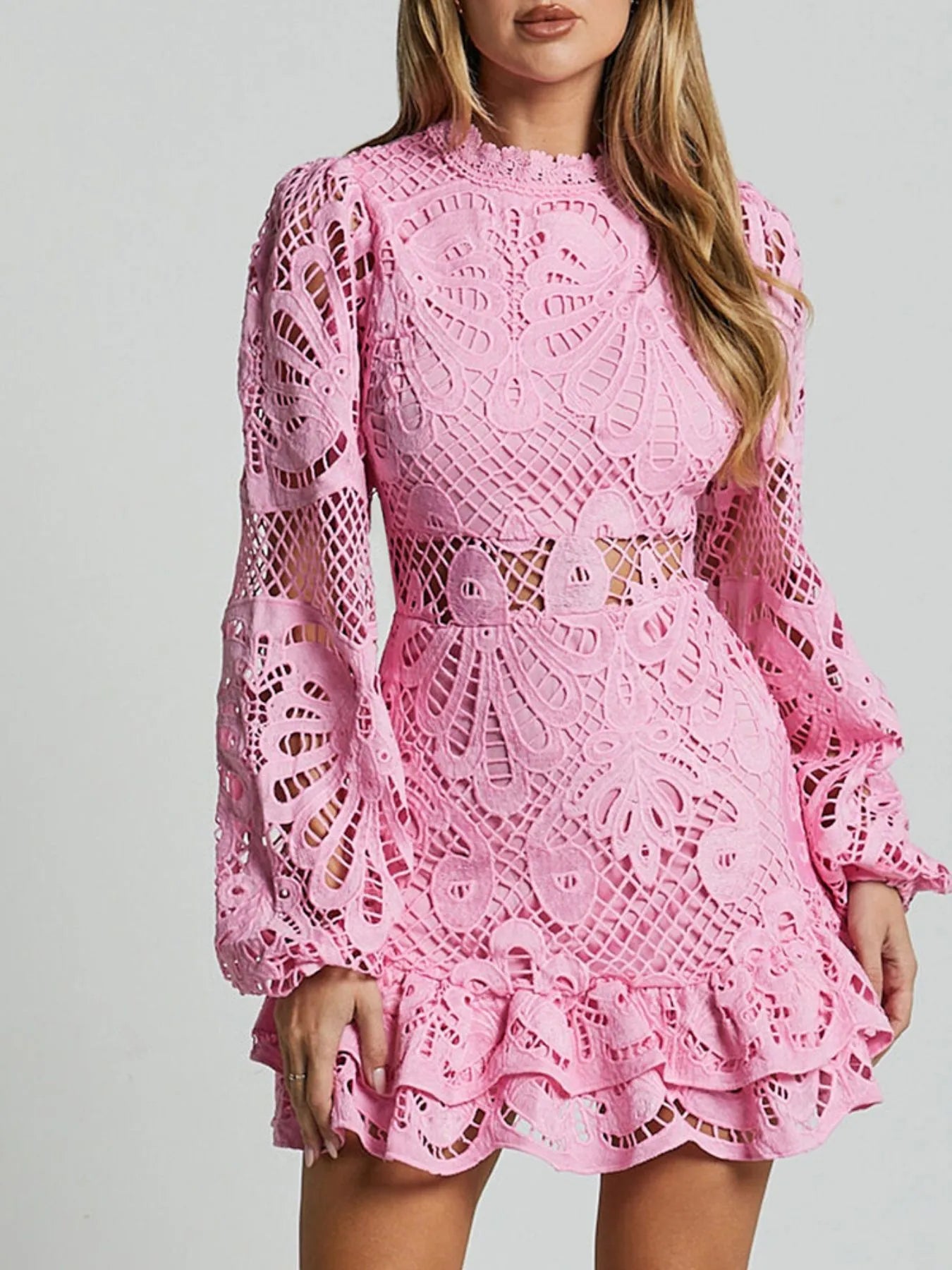 Lace Crochet Long Sleeve Mini Dress - Velora Luxury Fashion