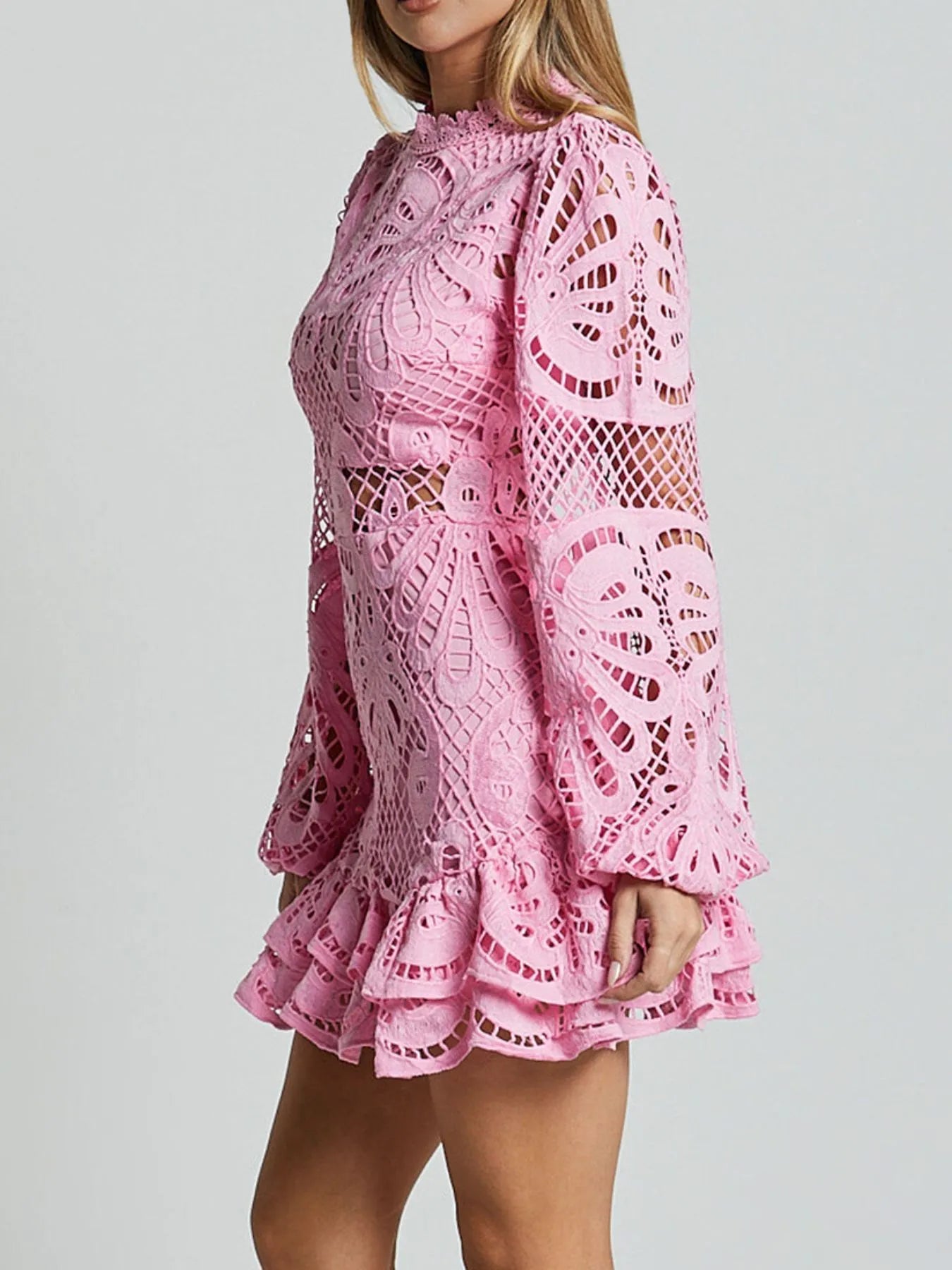 Lace Crochet Long Sleeve Mini Dress - Velora Luxury Fashion