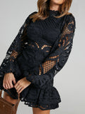 Lace Crochet Long Sleeve Mini Dress - Velora Luxury Fashion