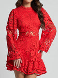 Lace Crochet Long Sleeve Mini Dress - Velora Luxury Fashion