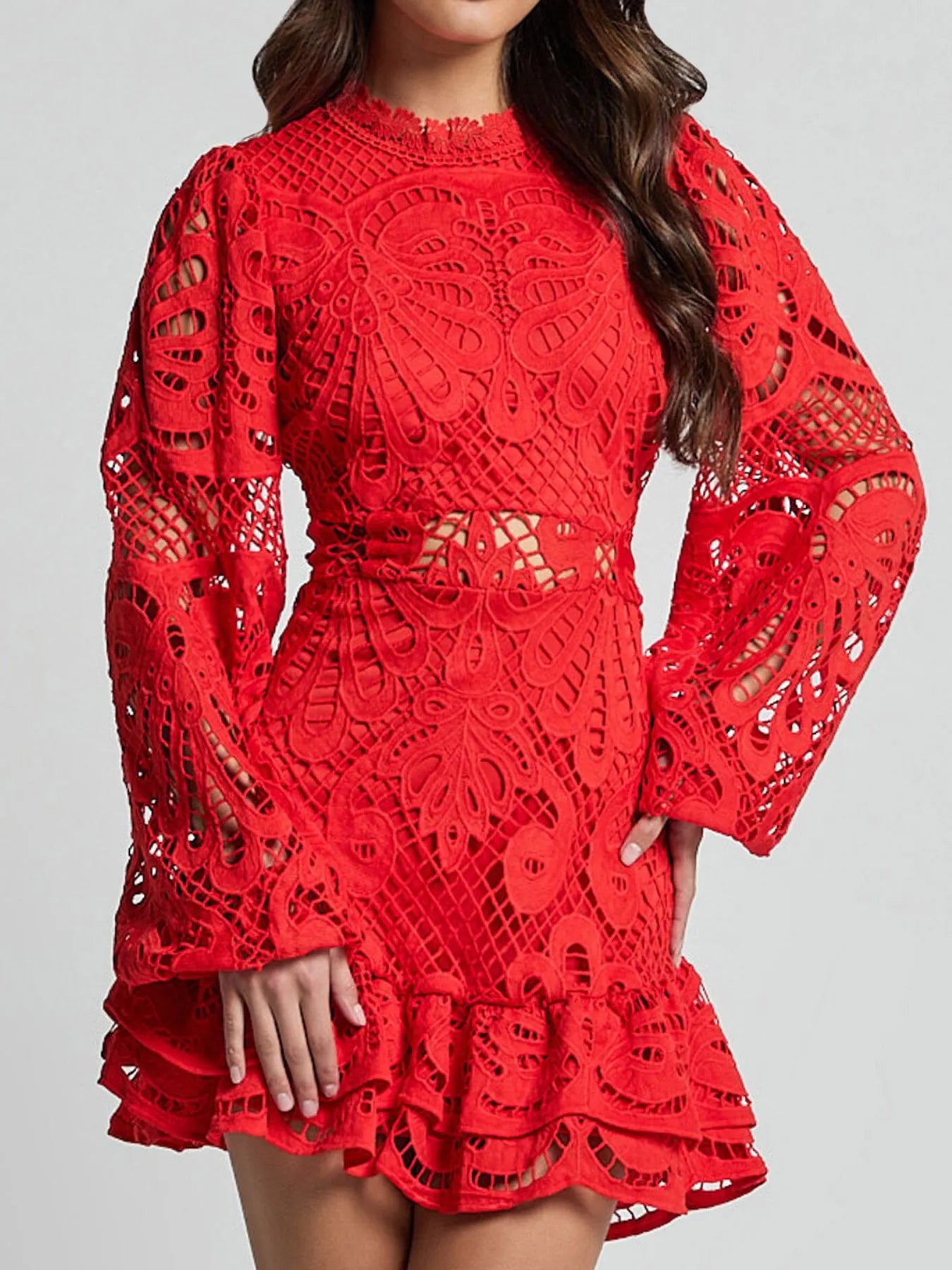 Lace Crochet Long Sleeve Mini Dress - Velora Luxury Fashion