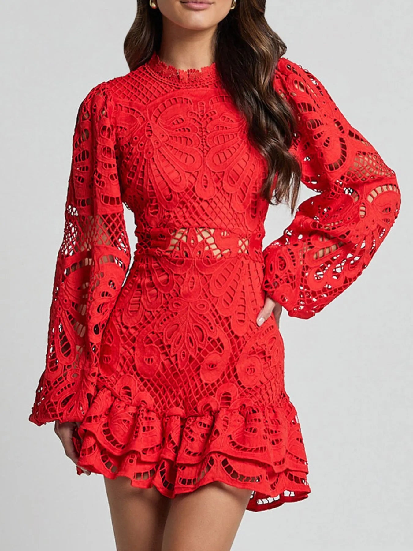 Lace Crochet Long Sleeve Mini Dress - Velora Luxury Fashion