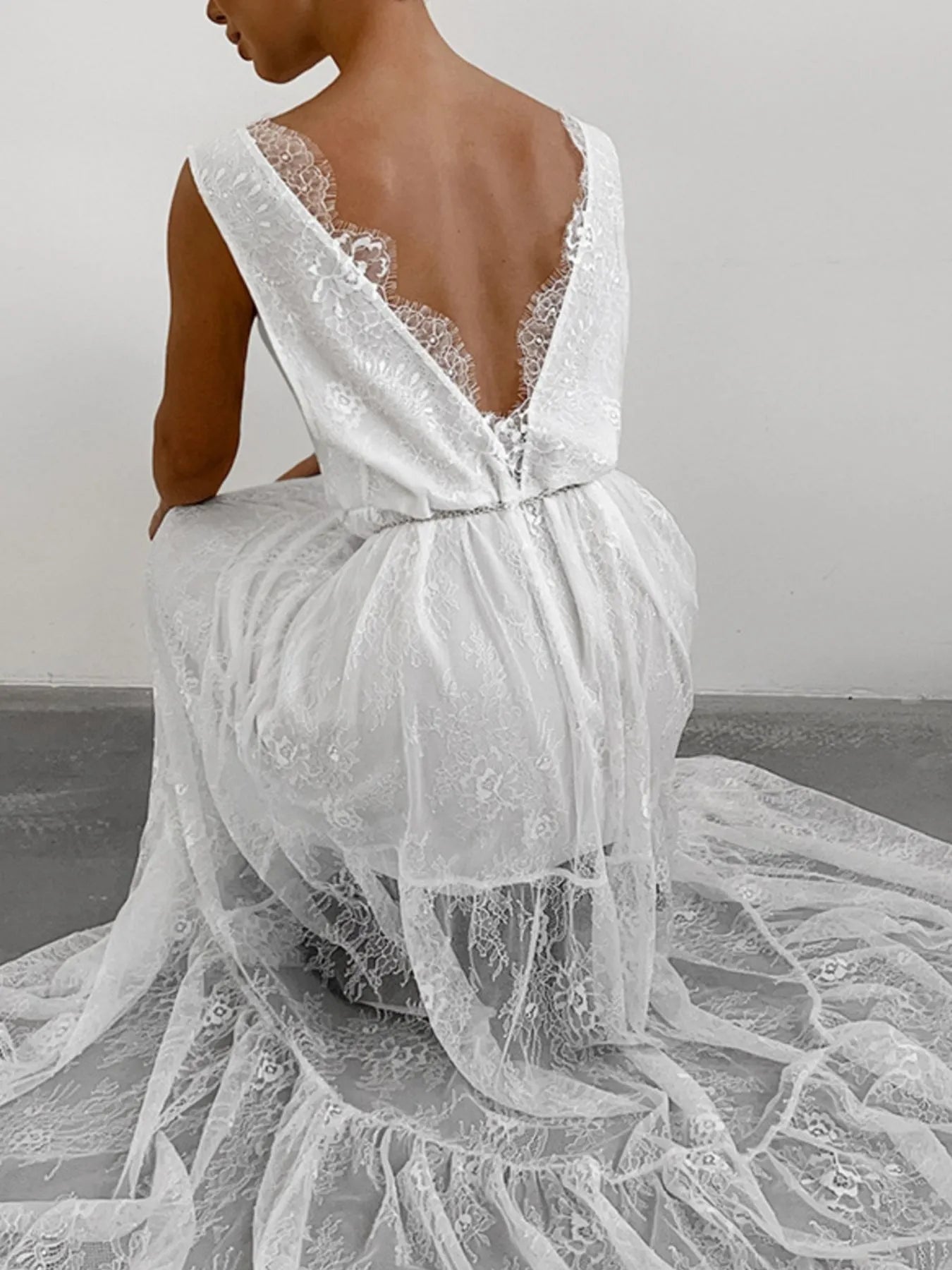 Lace Deep V-Neck Maxi Dress - Velora Luxury Fashion