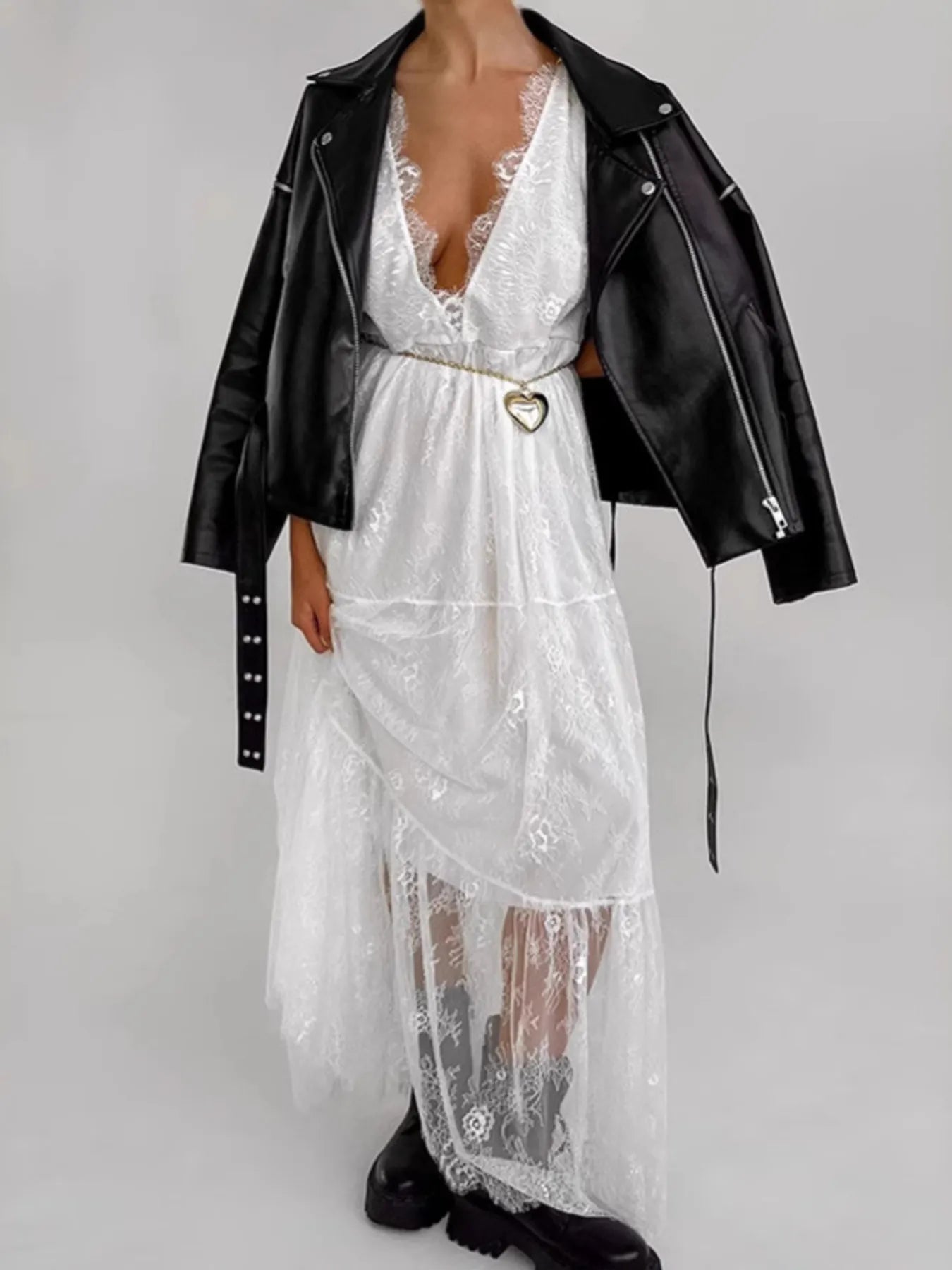 Lace Deep V-Neck Maxi Dress - Velora Luxury Fashion