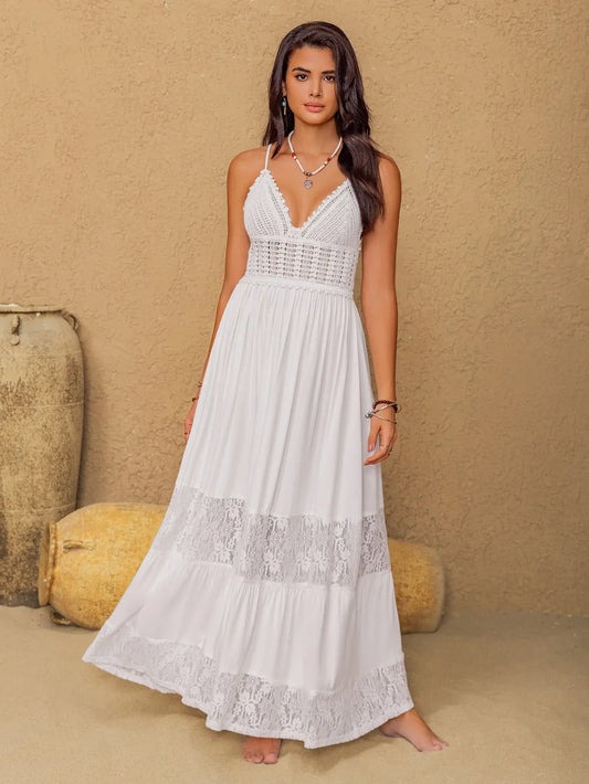 Lace Detail Crochet Tiered Maxi Cami Dress - Velora Luxury Fashion