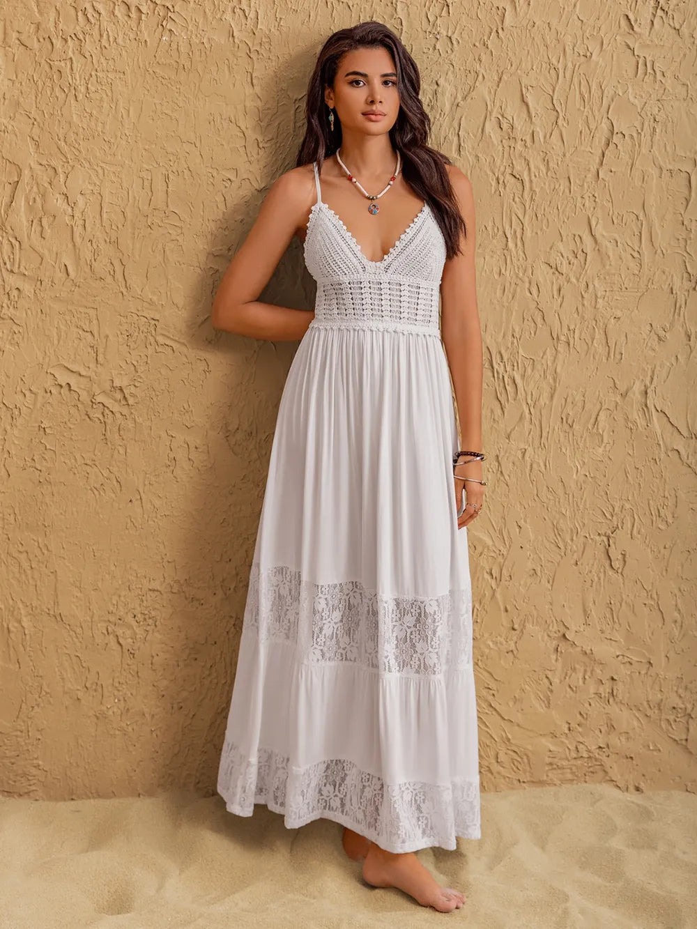 Lace Detail Crochet Tiered Maxi Cami Dress - Velora Luxury Fashion
